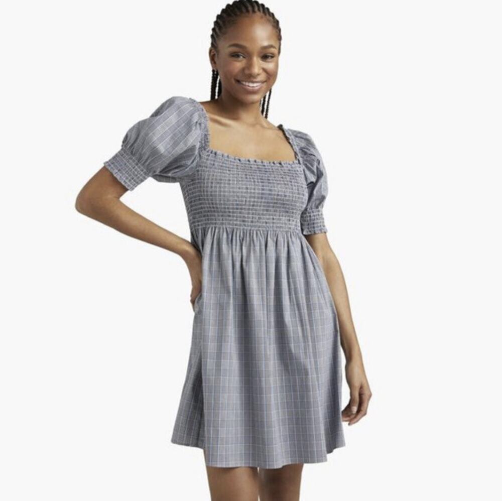 Hill House Grey Blue Plaid Puff Sleeve Mini Nap Dress Sz XS Preppy Academia